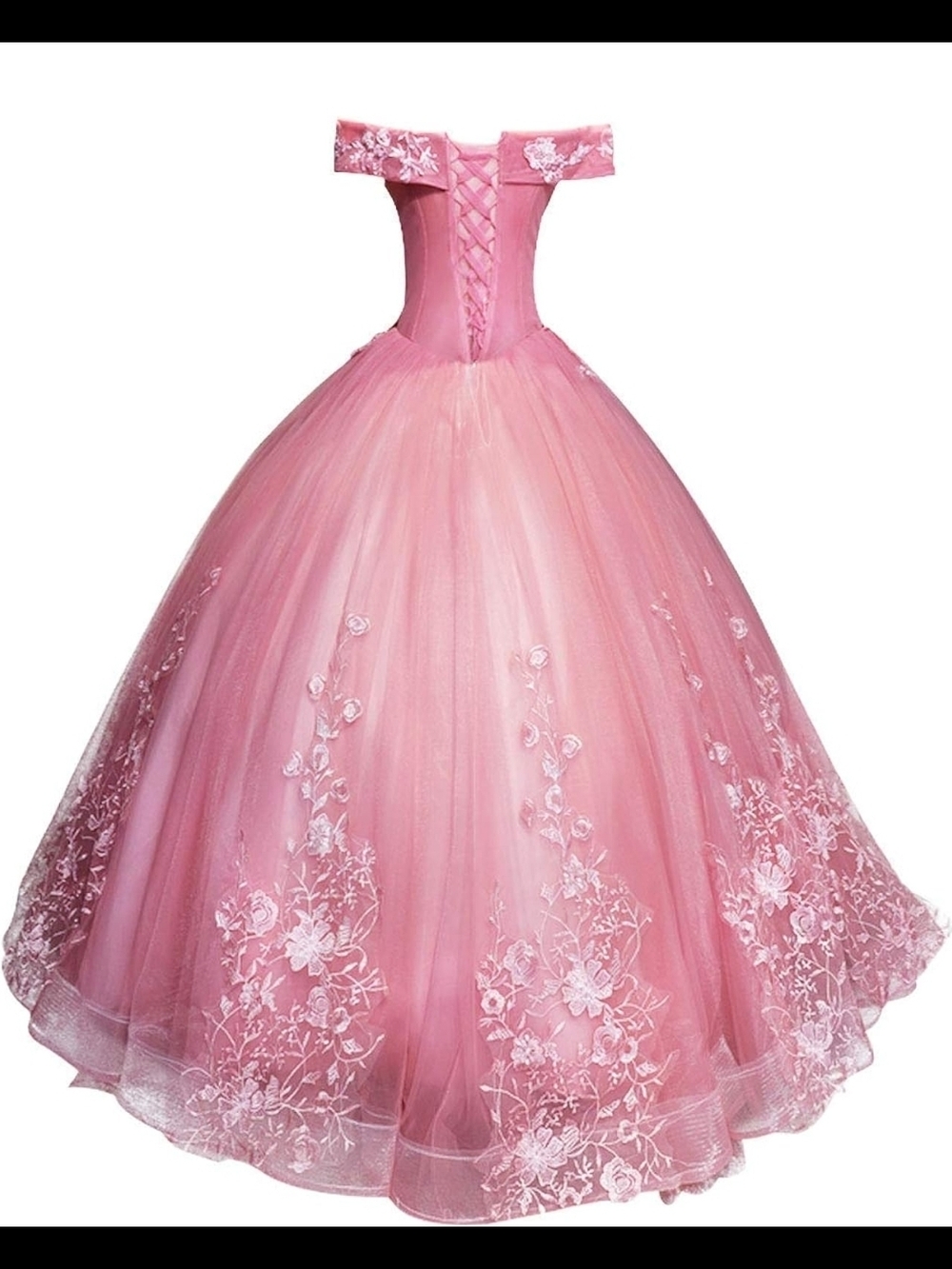 Off-Shoulder Peach Ball Gown Dress with Floral Lace - Picture 4 of 4